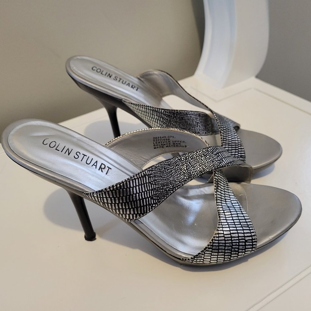 Colin Staurt Black and Silver metallic strapy heels